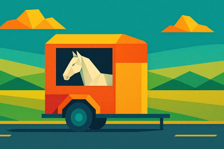 Ilustración en estilo origami de un caballo dentro de un remolque, ideal para un artículo sobre cómo viajar con tu caballo con seguridad.